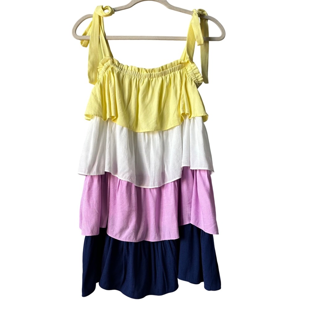 Idem Ditto Tiered Colorblock Dress Small – Yellow White Pink Navy Boho Sundress‎